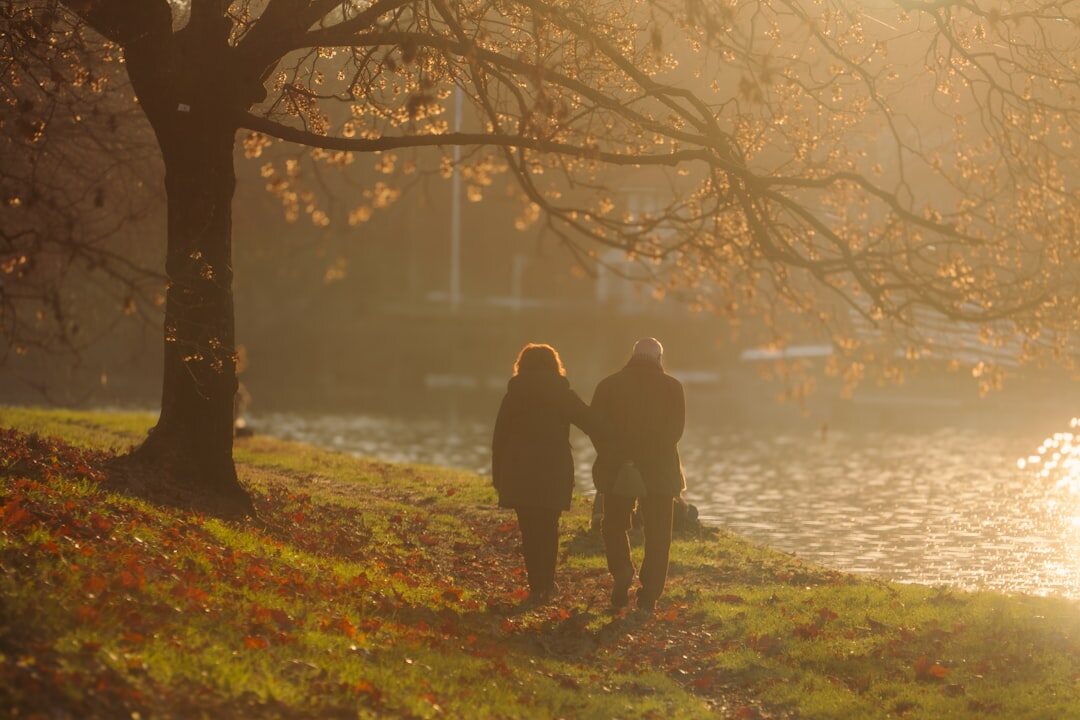 senior couple walking in park