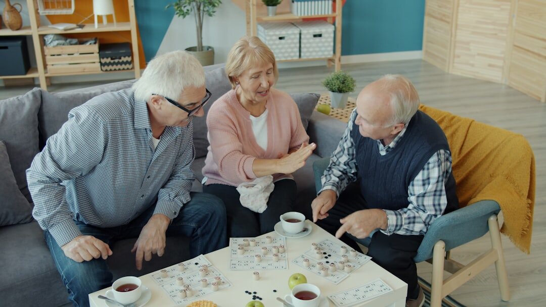group of elderly friends chatting